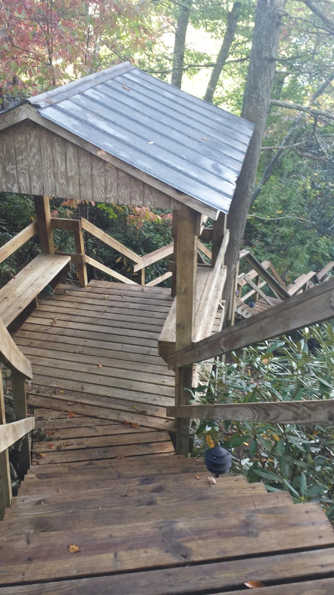 Metal roofed shelter over wooden steps on a wooded walkway — Skylight Repair & Installation work by our crew in Fort Gratiot